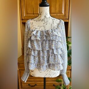 NWT Astr Ruffled Floral Blue Ditsy Floral Blouse Sheer Sleeve Medium